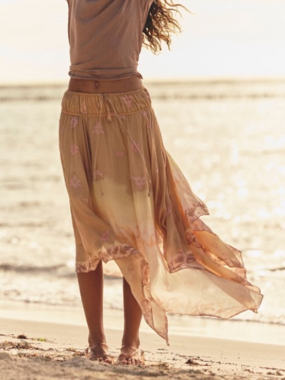Free People One Kala Asymmetrical Beige Floral Midi Skirt - Boho Beach Style